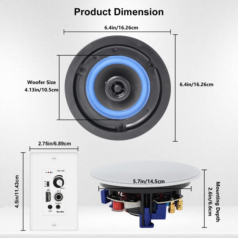 Herdio 4 Inch Bluetooth Ceiling Speakers 160W Flush Mount in Wall Amplifier Receiver Suitable for Indoor Home & Covered Outdoor Porch (Pairs) - Image 4